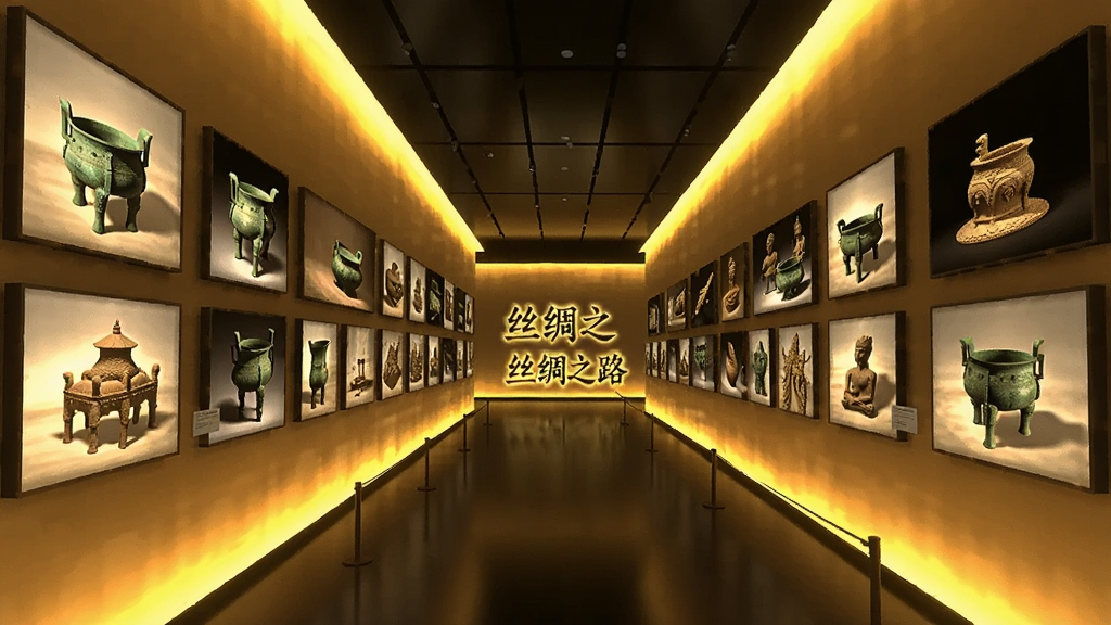 博物岛屿主题展览页面,画面展示一条虚拟的展览长廊,两侧墙壁上挂着多幅文物图片,长廊尽头有“丝绸之路”主题字样,整体采用暖黄色灯光效果,风格沉浸式展览氛围,布局为横向延伸视角,画质精细,无多余装饰