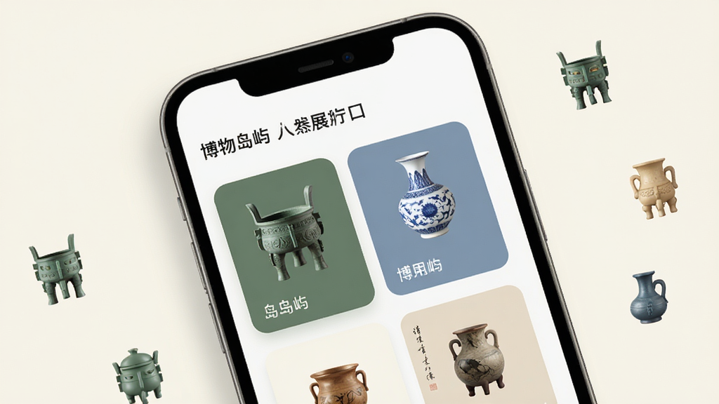 博物岛屿应用界面展示多个线上展厅入口,画面主体为手机屏幕特写,屏幕内排列着青铜器、瓷器、书画等分类卡片,背景为淡雅的米白色,手机旁边散落着几件文物小图标作为装饰,整体风格简约现代,画质清晰,文字部分显示“博物岛屿”应用名称,无杂乱元素