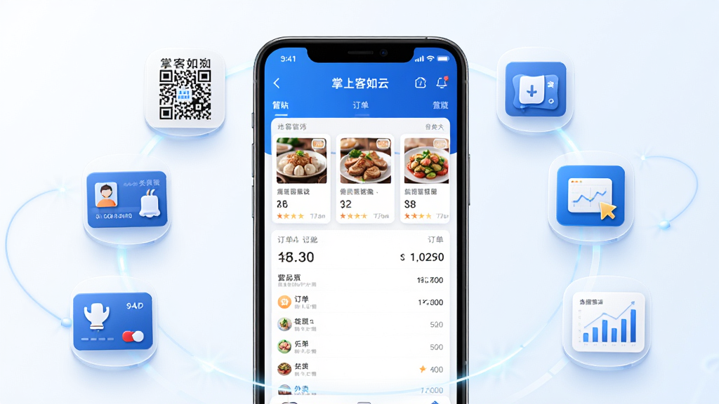 以“掌上客如云”手机应用为核心主体的宣传图,画面中央是一部竖屏智能手机,屏幕中显示餐饮门店收银管理界面,包含菜品卡片、订单列表、营业额数字等元素;手机周围环绕点餐二维码、会员卡、外卖订单、数据报表等图标,形成半圆形布局;整体采用蓝白配色,商务科技风格,光影柔和,细节清晰,背景干净,画质高清,无多余元素,画面中文字为“掌上客如云”