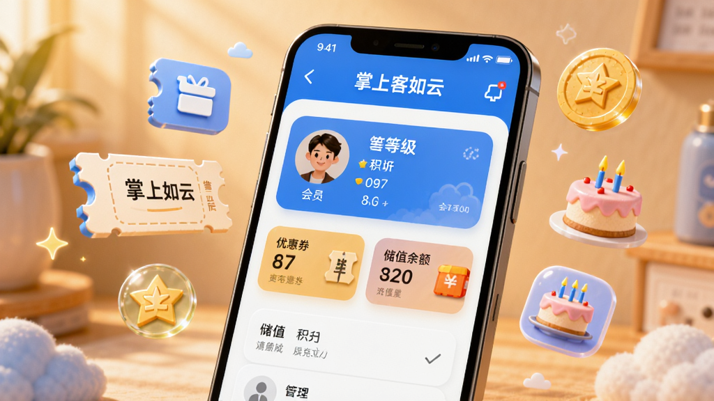 以“掌上客如云”会员营销功能为主题的画面,主体为一部智能手机,屏幕中展示会员管理界面,包含会员头像、等级、积分、优惠券、储值余额等卡片元素;手机旁边漂浮着优惠券、积分图标、生日蛋糕图标;整体风格温暖亲和,暖色调搭配蓝色点缀,细节丰富,画质高清,画面中文字为“掌上客如云”