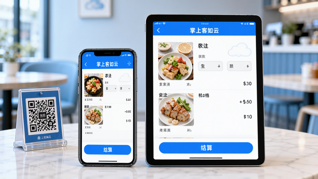 以“掌上客如云”移动收银功能为主题的画面,主体是一部智能手机与一部平板电脑并排展示,屏幕中呈现点餐收银界面,包含菜品图片、数量、价格、结算按钮;背景为简洁的餐厅环境虚化处理,桌面上有二维码立牌;整体风格清新明亮,蓝白主色调,细节清晰,画质高清,画面中文字为“掌上客如云”