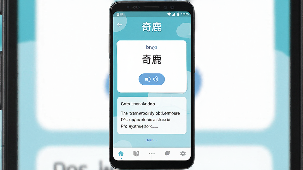 奇鹿英语学习软件主界面展示,主体为一部安卓手机屏幕,屏幕中央显示奇鹿App的单词卡片学习页面,上方有
