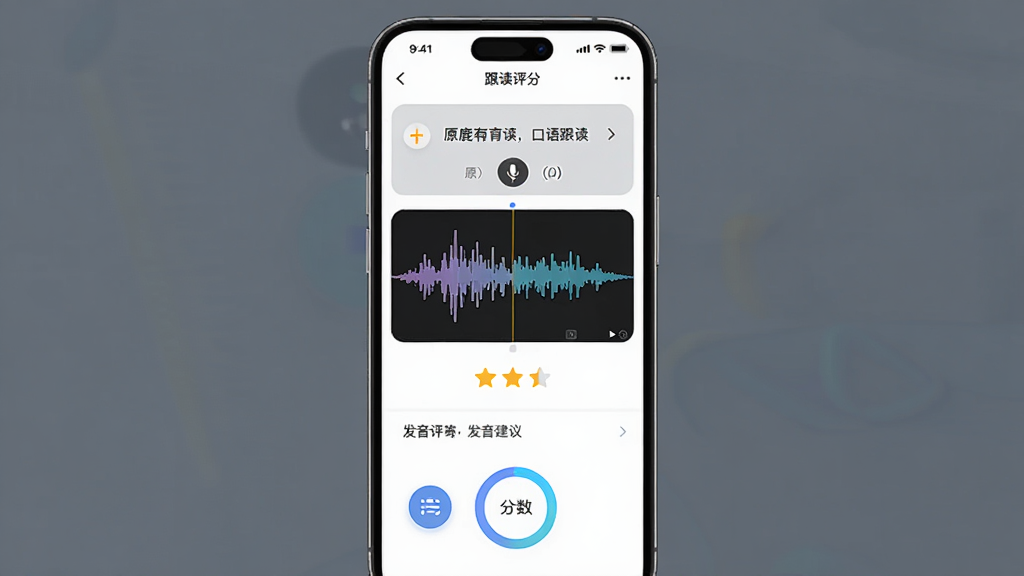 奇鹿App口语跟读训练界面,主体为手机屏幕展示跟读评分页面,布局为竖版构图,排版上方为原句播放区域,中部为波形对比图,下方为评分星级和发音建议,风格为现代教育类App设计,细节包括麦克风图标、复读按钮和分数环形图,画质高清,干净,无多余元素