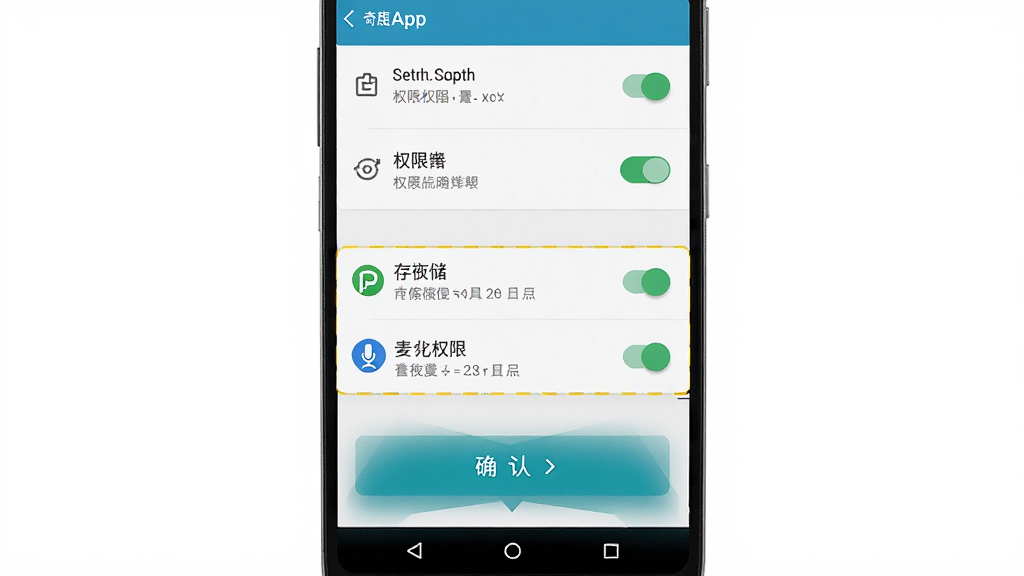 奇鹿App安装权限设置示意图,主体为安卓手机设置界面截图风格,布局为竖版构图,排版上方为权限开关列表,中部高亮显示存储与麦克风权限,下方为确认按钮,风格为手机系统设置界面写实风格,细节包括权限图标和开关状态,画质高清,干净,无多余元素