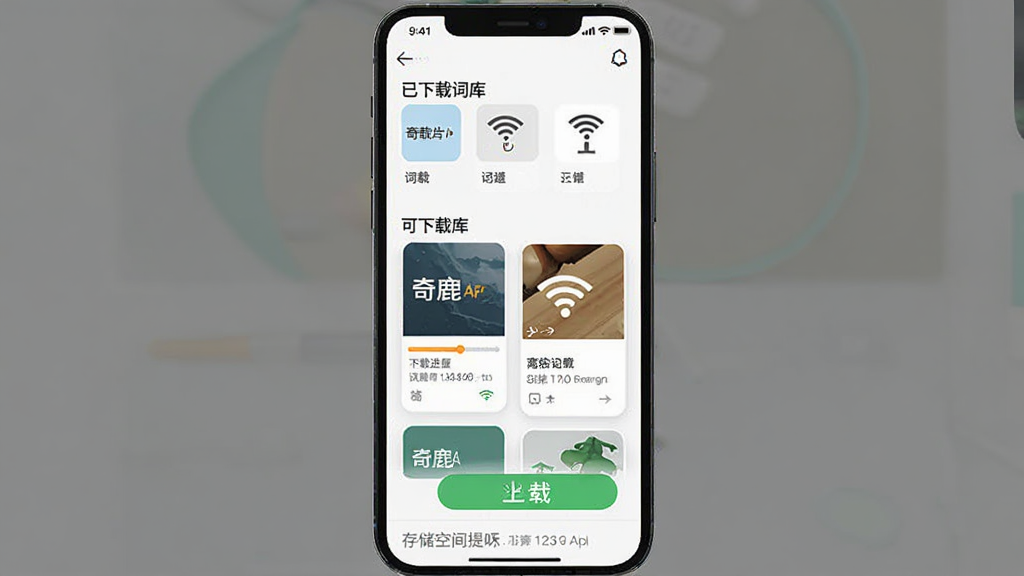 奇鹿App离线词库下载管理界面,主体为手机屏幕展示词库列表与下载按钮,布局为竖版构图,排版上方为已下载词库分类,中部为可下载词库卡片,下方为存储空间提示,风格为简洁工具类App界面,细节包括下载进度条和WiFi图标,画质高清,干净,无多余元素