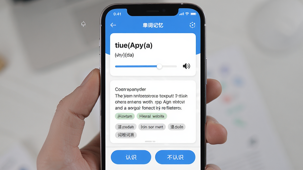 奇鹿App单词记忆界面,主体为手机屏幕中的单词卡学习场景,布局为竖版构图,排版上方为单词拼写与音标,中部为例句展示,下方为认识与不认识的操作按钮,风格为清爽学习类App界面,细节包括进度条、发音图标和词根词缀标签,画质高清,干净,无多余元素