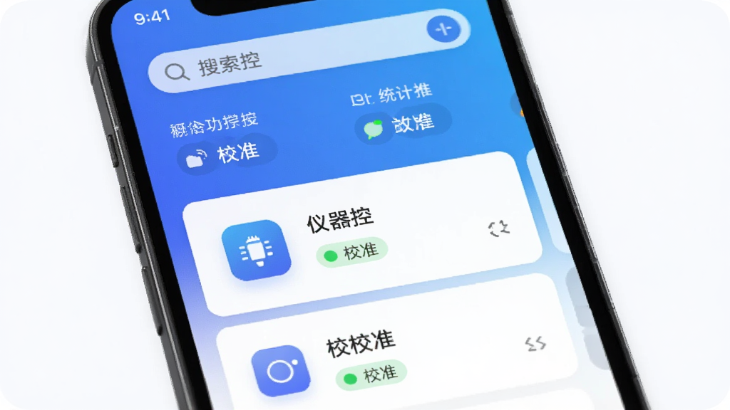 主体为一部智能手机屏幕显示仪器控App主界面,布局为中央展示设备列表卡片,排版采用上下结构顶部为搜索栏与统计概览,风格为现代科技感扁平化设计,细节包含蓝色渐变背景、设备图标、校准状态标签,画质高清干净无多余元素,图中文字为“仪器控”