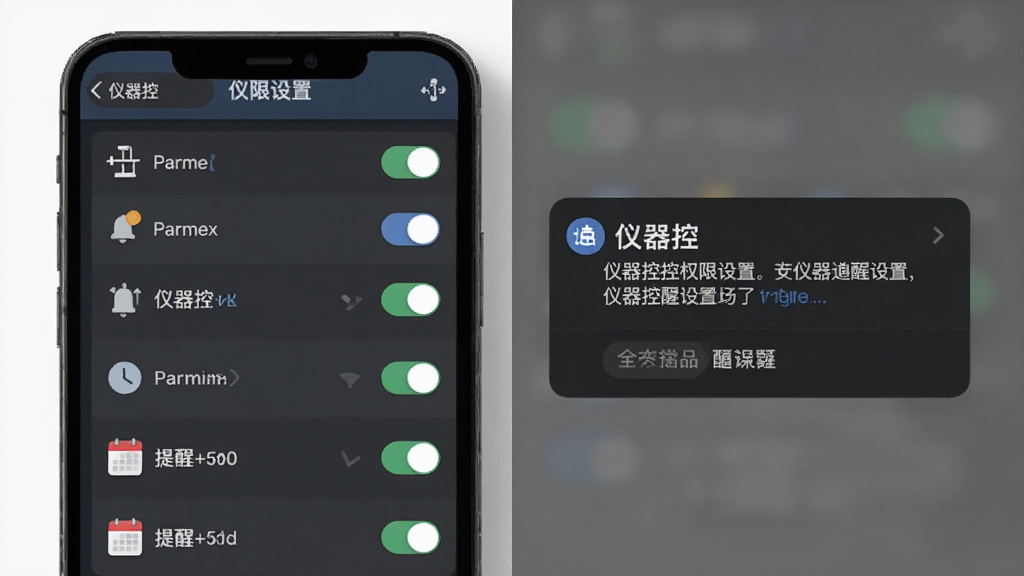 主体为手机屏幕显示仪器控权限设置界面与通知提醒弹窗,布局为左右分栏左侧权限列表右侧弹窗,排版采用对比式结构,风格为扁平化UI展示,细节包含权限开关、通知图标、日历提醒标记,画质清晰干净无多余元素,图中文字为“仪器控”