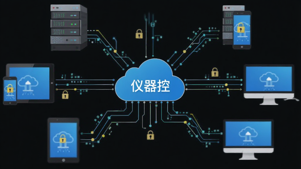 主体为云端服务器与手机、平板、电脑多端连接示意图,布局为中央云朵图标向四周发散连接线,排版采用放射状结构,风格为简洁科技插画,细节包含数据流动线条、设备图标、锁形安全标识,画质清晰干净无多余元素,图中文字为“仪器控”