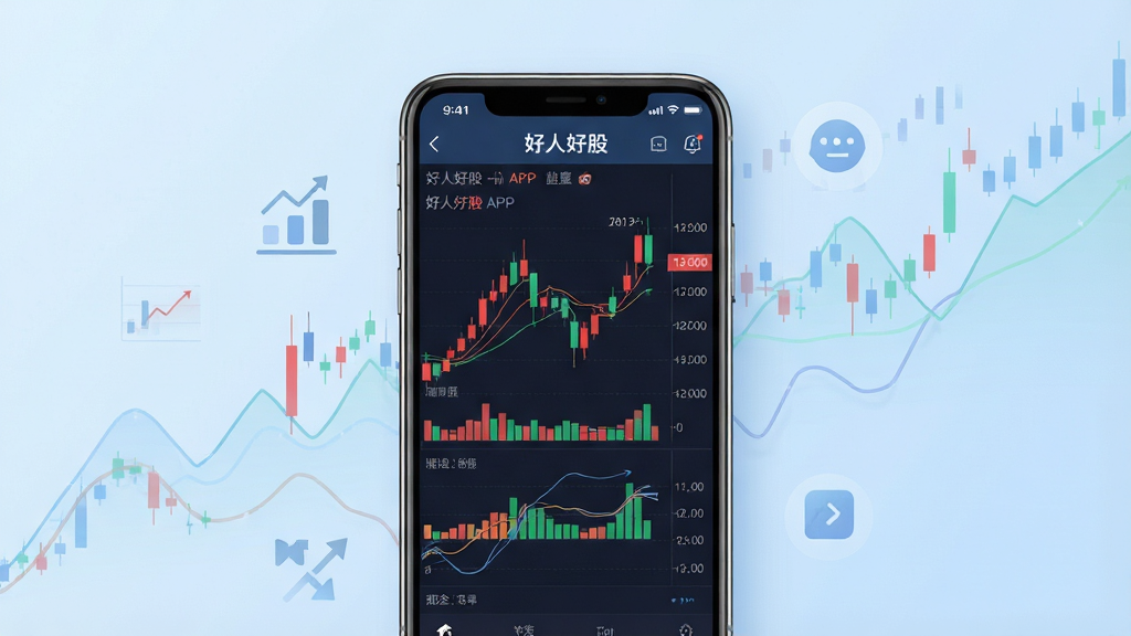 画面中央放置一部智能手机,手机屏幕上显示“好人好股”APP的行情K线图与筹码峰指标界面,背景为干净的浅蓝色渐变,手机周围环绕半透明的股票走势线条与数据图标,整体布局简洁明了,风格为现代科技感扁平化设计,细节包括屏幕上的红绿K线、成交量柱状图以及“好人好股”文字标识,画质高清,画面干净,无多余元素