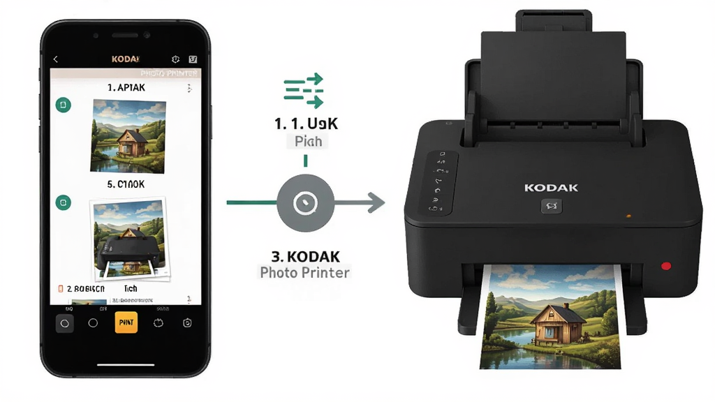 一张展示KODAK Photo Printer使用指南的详细图片,主体为手机与柯达照片打印机并排展示,布局为左侧手机显示操作步骤右侧打印机输出照片,排版为流程图式引导,风格为清新教程风,细节包括步骤序号、连接图标、打印按钮、成品照片,画质为高清插画、干净整洁、无多余元素。