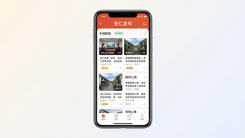 安仁发布软件主界面展示图,画面中央放置一部智能手机,手机屏幕显示安仁发布APP的资讯首页,页面顶部有“安仁发布”应用名称,下方排列本地新闻卡片和政务公告栏目,主体清晰,布局居中对称,排版简洁,风格为现代扁平化UI设计,细节包括新闻缩略图、分类标签、底部导航栏图标,画质为高清2K,画面干净,无多余元素,背景为浅色渐变。