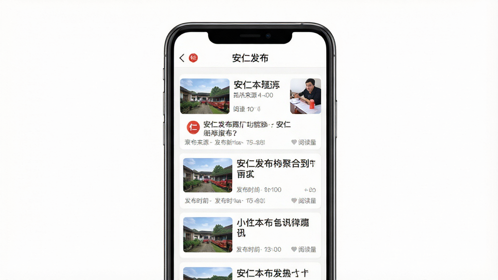 安仁发布资讯聚合功能展示图,画面主体为手机屏幕,屏幕内呈现“安仁发布”APP的新闻列表页面,列表中有多条安仁本地新闻标题与配图,布局为纵向单列卡片式排列,排版整齐有序,风格为清新简约的移动端界面设计,细节包括新闻来源标注、发布时间、阅读量数字,画质高清,画面干净,无多余元素,背景为纯白色。