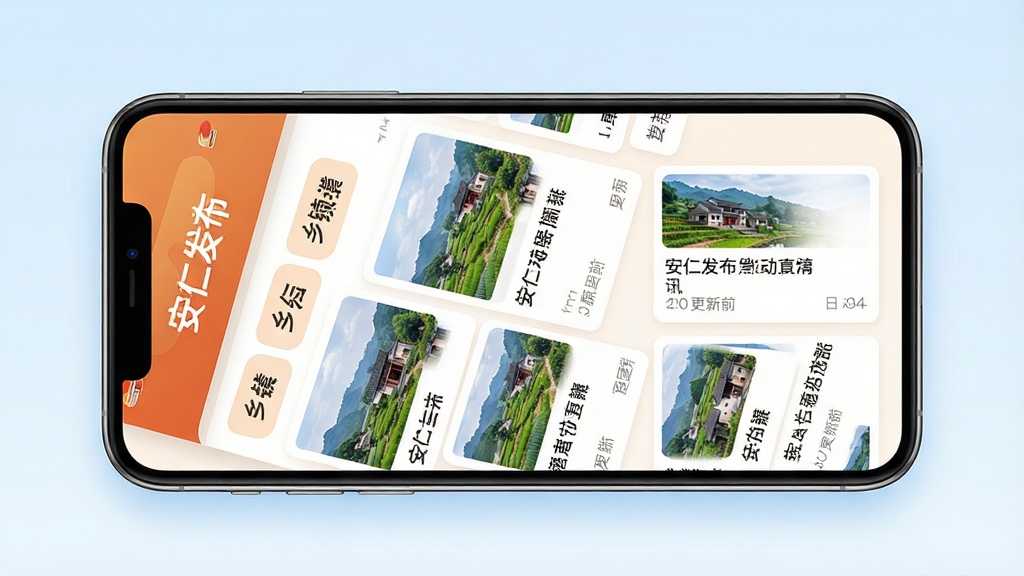 安仁发布乡镇动态功能展示图,画面中一部手机横向放置,屏幕展示“安仁发布”APP的乡镇频道页面,页面内有多个乡镇名称标签和对应的动态资讯卡片,布局为网格与列表结合,排版清晰,风格为温暖亲和的移动应用界面,细节包括乡镇风景缩略图、标题文字、更新时间,画质高清,画面干净,无多余元素,背景为淡蓝色渐变。