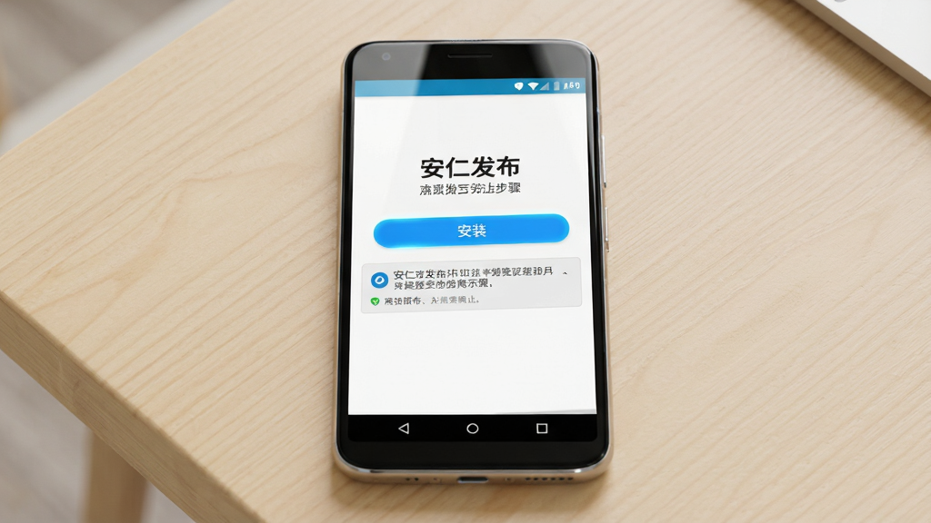 安仁发布手机安装步骤示意图,画面中一部安卓手机平放在桌面上,手机屏幕显示“安仁发布”APP的安装确认界面,界面中有“安装”按钮和权限提示文字,布局为手机居中、桌面背景简洁,风格为写实产品展示风格,细节包括手机边框、屏幕反光、按钮高亮效果,画质高清,画面干净,无多余元素,背景为浅木色桌面。
