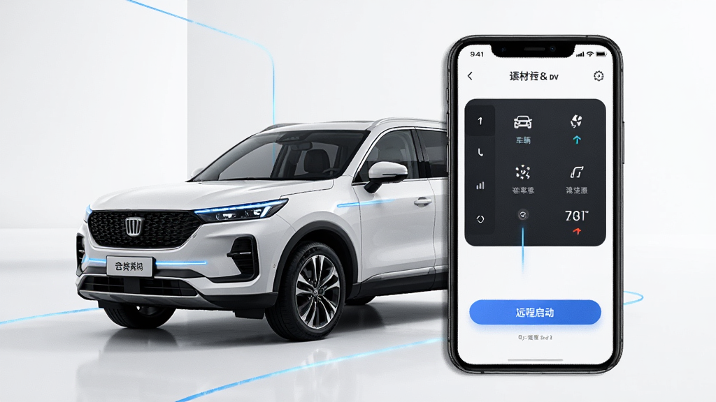 吉利汽车App界面展示,主体为一辆白色吉利SUV与手机屏幕并排构图,手机屏幕显示车辆控制面板与远程启动按钮,布局为左车右机居中排版,风格为现代科技简约风,细节包含蓝色光效线条、车辆状态图标、干净背景,画质高清,干净,无多余元素