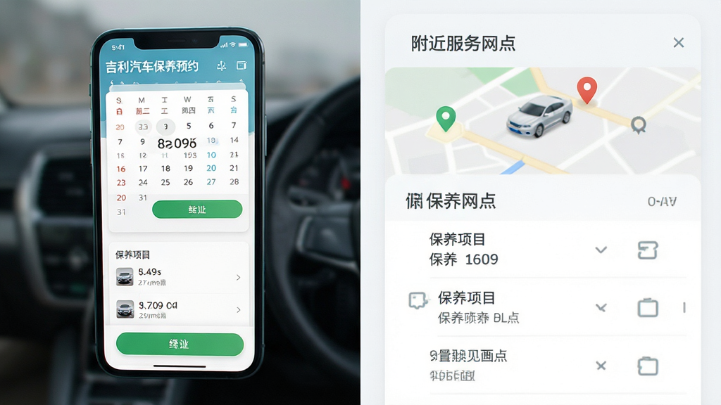 吉利汽车保养预约界面展示,主体为手机屏幕显示日历预约卡片与附近服务网点列表,布局为上下分栏排版,风格为清爽浅色商务风,细节包含绿色确认按钮、地图定位图标、保养项目清单,画质高清,干净,无多余元素