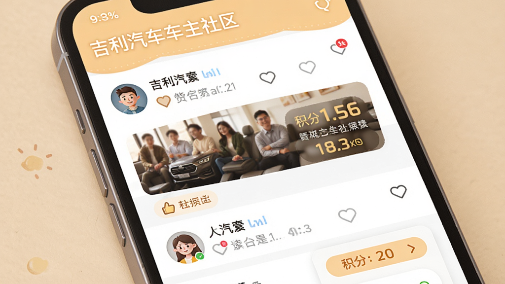 吉利汽车车主社区界面展示,主体为手机屏幕显示帖子信息流与积分商城入口,布局为上下结构排版,风格为温暖社交风,细节包含用户头像、点赞图标、积分数字徽章,画质高清,干净,无多余元素