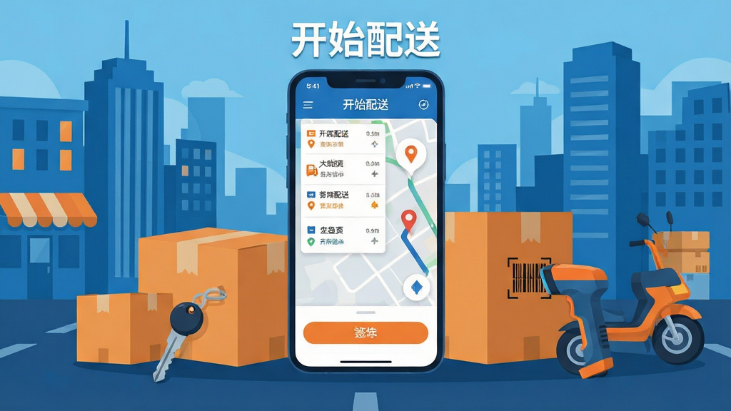 画面中央展示一部智能手机,屏幕上显示开始配送app的订单列表与地图导航界面,手机周围环绕快递纸箱、电动车钥匙、签收扫码枪等配送元素,背景为城市街道与楼宇剪影,整体采用扁平化插画风格,色彩以蓝橙对比为主,细节清晰,画质干净,无多余元素,画面中文字标注“开始配送”,构图均衡,排版居中,适合作为软件下载页头图