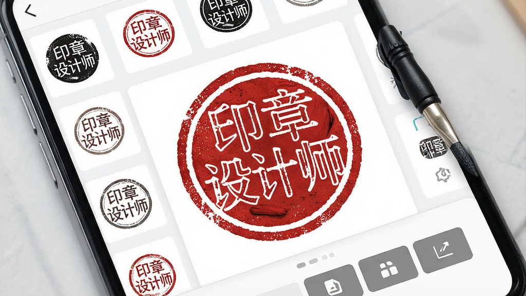一张手机屏幕展示印章设计师软件主界面的预览图,画面中央是圆形红色印章图案,印章内有“印章设计师”五个字,周围环绕着模板缩略图和功能按钮,整体布局清晰整洁,风格简约现代,细节包括印章边缘的做旧纹理和印泥质感,画质高清,干净无多余元素