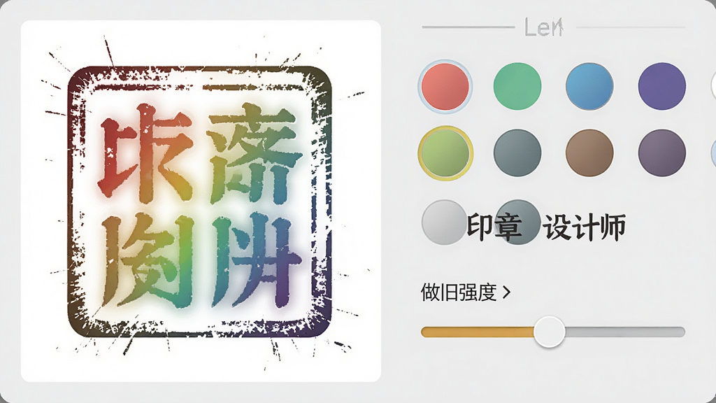 一张印章设计师颜色与效果调节界面的预览图,画面左侧是印章预览,右侧是颜色选择圆点和做旧强度滑块,界面中可见“印章设计师”文字标识,风格为浅灰背景配彩色控件,细节包括印章边缘的磨损纹理和颜色渐变,画质高清,干净无多余元素
