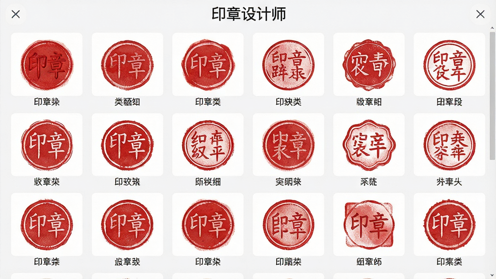 一张印章设计师软件模板选择界面的预览图,画面中整齐排列着多个圆形和方形印章模板缩略图,每个模板下方标注类型名称,界面顶部有“印章设计师”字样,布局采用网格排版,风格清爽简洁,细节包括模板的红色印泥效果和白色背景对比,画质高清,干净无多余元素