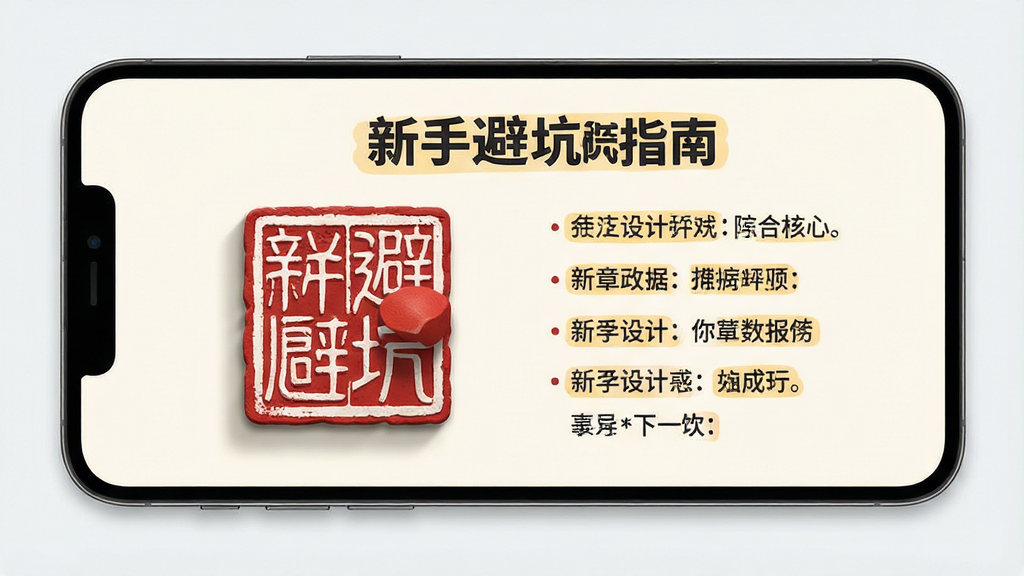 一张手机屏幕展示印章设计师新手引导页面的预览图,画面中有一枚红色印章图案和“新手避坑指南”标题,旁边列出几条提示文字,背景为浅色,风格简洁明快,细节包括印章的立体阴影和文字高亮标记,画质高清,干净无多余元素