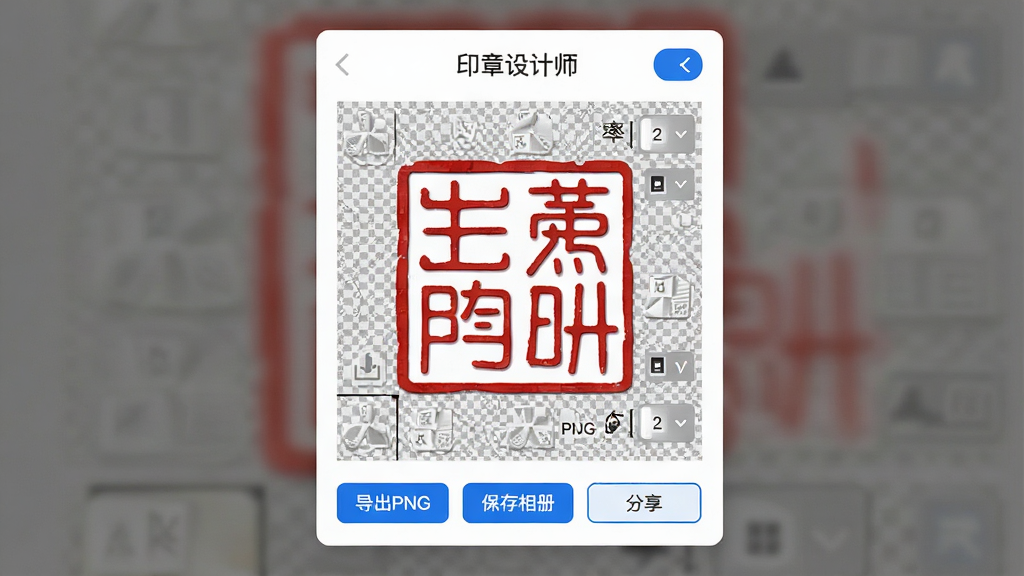 一张印章设计师导出设置界面的预览图,画面中显示一枚完成的红色印章,下方有“导出PNG”“保存相册”“分享”等按钮,界面顶部有“印章设计师”字样,风格为白色卡片式布局配蓝色按钮,细节包括透明背景的棋盘格示意和分辨率选项,画质高清,干净无多余元素