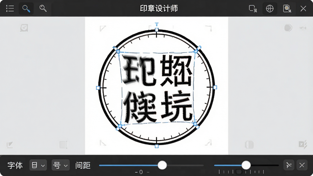 一张印章设计师文字编辑界面的预览图,画面中央是一枚圆形印章,印章内文字正在被调整弧形排列,屏幕下方有字体、字号、间距等调节滑块,界面顶部显示“印章设计师”,风格为深色工具栏配浅色画布,细节包括文字实时预览效果和滑块刻度,画质高清,干净无多余元素