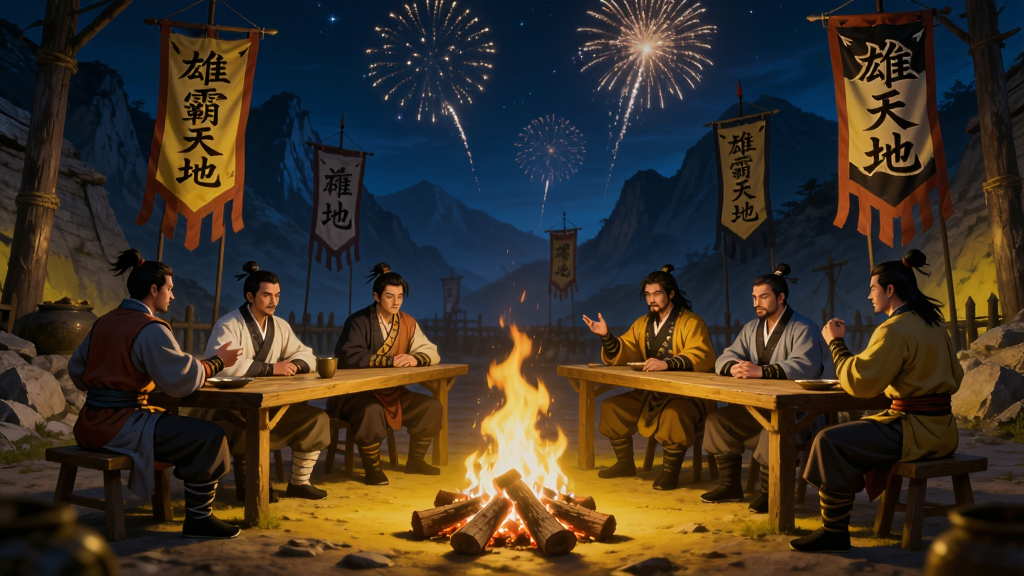 一幅帮派聚会场景插画,画面中央是篝火与长桌,多位身穿不同门派服饰的修行者围坐交谈,背景是夜色中的山寨与飘扬的帮派旗帜,天空有烟花绽放,整体色调暖黄与深蓝对比,风格国风写实,画质高清,画面干净,无多余元素,图中旗帜上以篆体标注“雄霸天地”