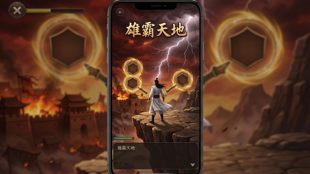 一幅竖版手机游戏界面截图风格插画,画面中一位白衣修行者站在悬崖边,面前浮现出两个选择分支的光圈,背景是燃烧的古城与雷电交加的天空,界面底部有对话文本框,整体风格玄幻写实,色调暗红与金色交织,画质高清,画面干净,无多余元素,图中文字以古风字体标注“雄霸天地”