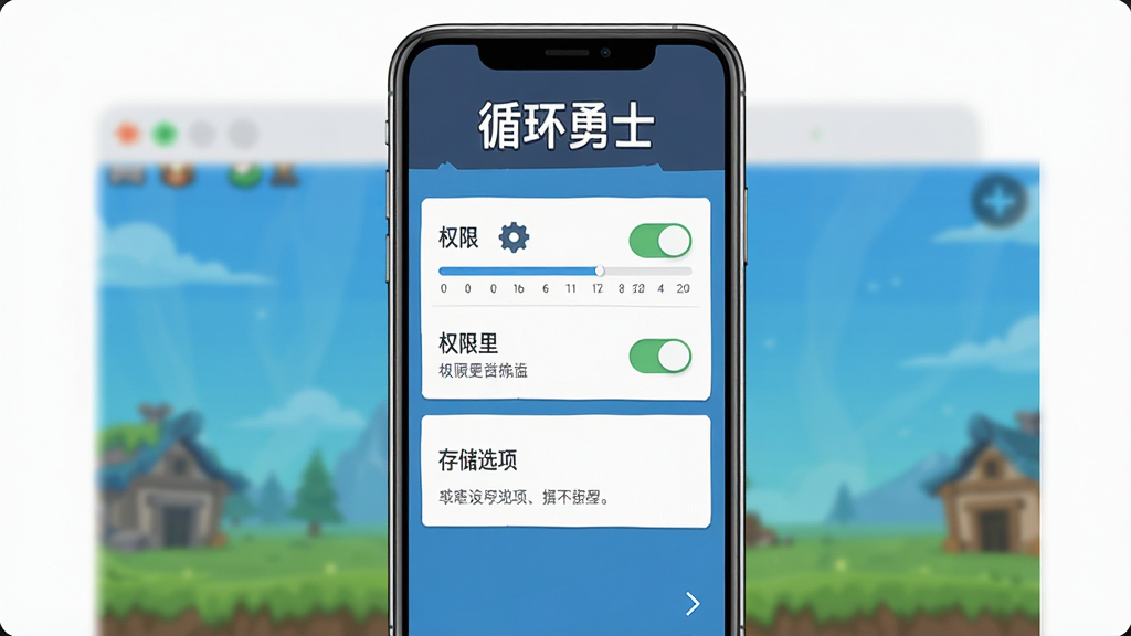 主体是手机屏幕显示循环勇士游戏设置界面,包含权限开关与存储选项;布局采用竖屏手机展示,界面清晰;排版将“循环勇士”字样置于顶部;风格为扁平化UI设计,细节包含齿轮图标、进度条与提示文字;画质干净,无多余元素,突出设置与优化主题。