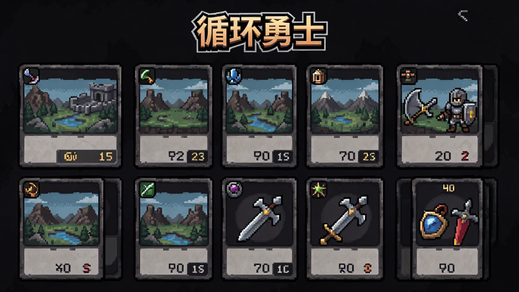主体是游戏中的卡牌界面,展示多张地形卡与装备卡;布局采用网格状排列,卡牌整齐分布;排版将“循环勇士”游戏Logo置于屏幕顶部中央;风格为暗黑像素卡牌风格,细节包含卡牌边框、图标与数值;画质高清,干净无多余元素,突出卡牌构筑的核心玩法。