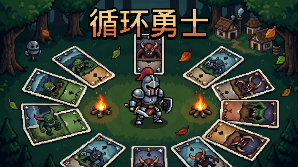 主体是一位身穿盔甲的像素风格勇士站在由卡牌铺成的环形道路上,周围环绕着森林、村庄与怪物卡牌;布局采用中心对称构图,勇士位于画面中央,四周卡牌呈放射状排列;排版将游戏标题“循环勇士”以复古像素字体置于画面上方;风格为暗黑魔幻像素艺术,细节包含卡牌纹理、篝火光芒与飘落的树叶;画质清晰锐利,干净无多余元素,整体氛围神秘且充满冒险感。