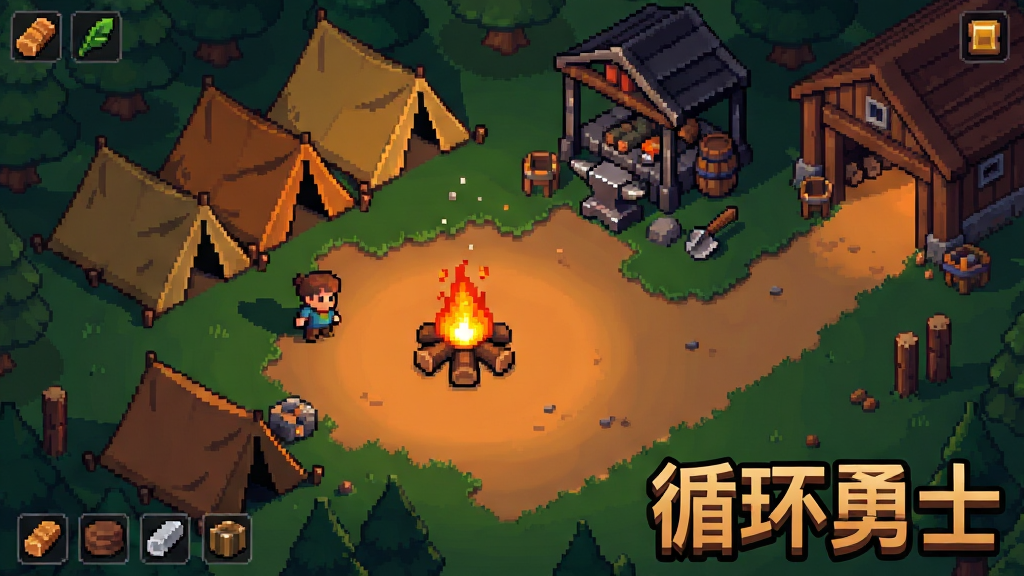 主体是像素风格的营地场景,包含篝火、帐篷、铁匠铺与仓库等建筑;布局采用俯视视角,建筑错落有致;排版将“循环勇士”游戏名称置于画面右下角;风格为温馨复古像素风,细节包含篝火光芒、建筑阴影与资源图标;画质高清,干净无多余元素,展现营地经营元素。