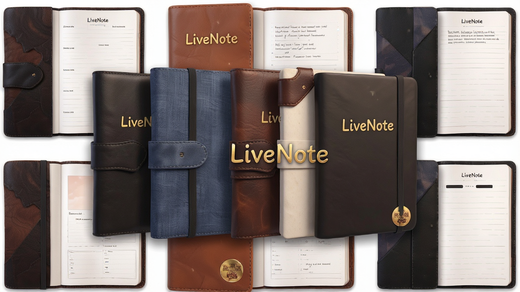 һ��չʾLiveNote���Ի�������ģ���ͼƬ������������һ�Ų�ͬ���������ʼǱ���������ʰ���Ƥ������ֽ�ʣ�ÿ���ʼǱ��Ա�չʾ��Ӧ����ҳģ����ʽ�����ֲ�������״���У����Ϊ���µĲ�Ʒչʾͼ��ϸ�ڰ��������������̽�����ҳ�����������������ɾ����޶���Ԫ�أ�ͼƬ�б�ע���֡�LiveNote��