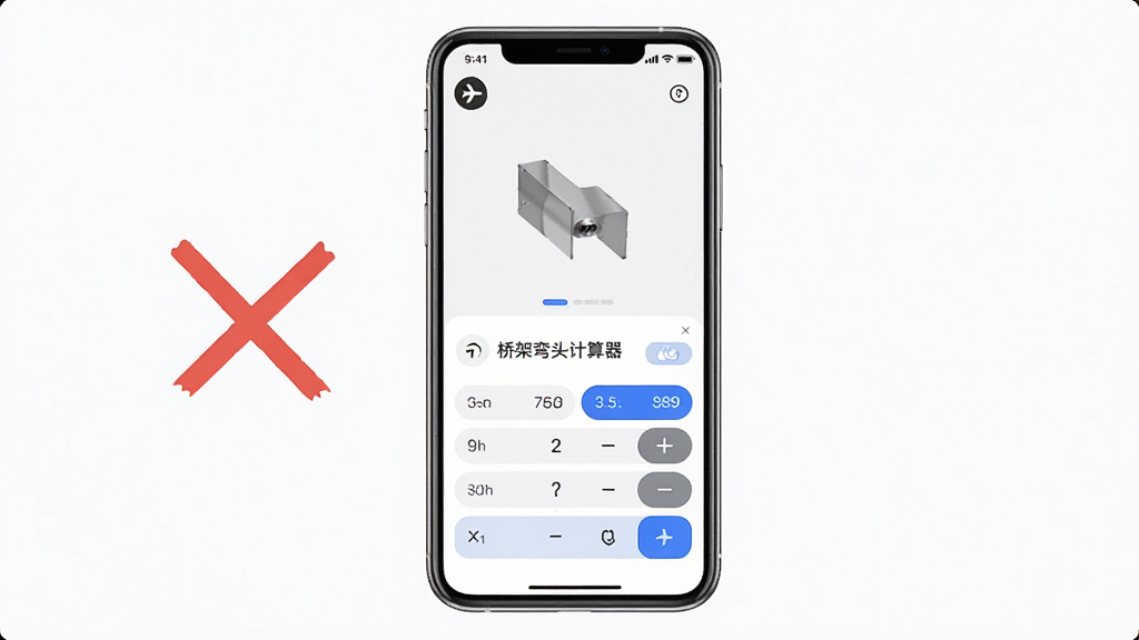 一张展示桥架弯头计算器离线使用功能的预览图,主体为手机界面显示离线计算模式,布局为居中手机展示配合断网图标,排版简洁明了,风格为科技简约风,细节包含飞行模式图标、计算按钮和结果区域,画质高清干净无多余元素