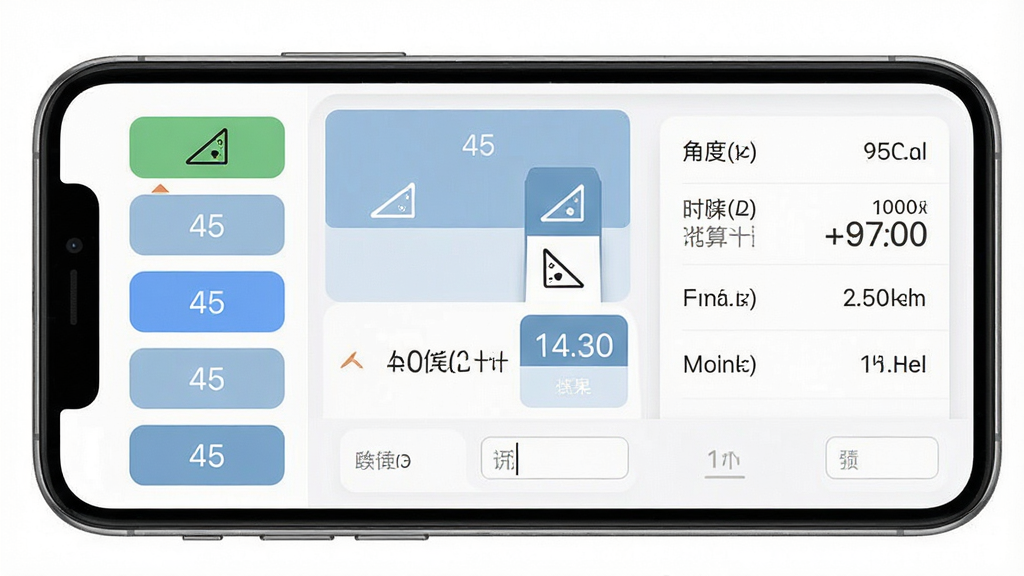 一张展示桥架弯头计算器多角度计算功能的预览图,主体为手机界面中显示角度选择与计算结果,布局为左侧角度按钮右侧数据列表,排版整齐对称,风格为清爽工具类应用风格,细节包含45度角图标、计算结果显示区域和输入框,画质高清干净无多余元素