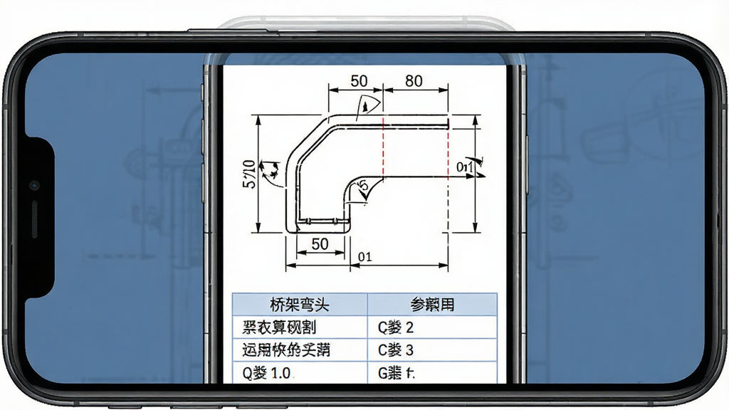 一张展示桥架弯头计算器图形化辅助功能的预览图,主体为手机屏幕中显示桥架弯头切割示意图,布局为上方图形下方参数标注,排版清晰直观,风格为工程图纸风格,细节包含弯头轮廓线、角度标注、尺寸数字和切割线,画质高清干净无多余元素