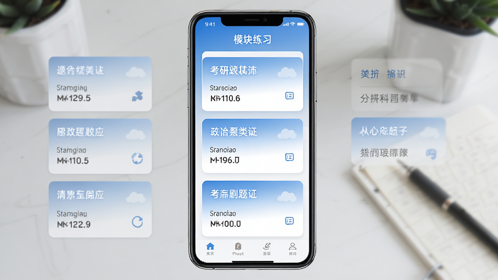考研政治刷题库分模块练习界面,手机屏幕显示五大科目分类列表,每个科目下方标注题目数量,界面采用卡片式设计,蓝白渐变配色,清爽学习风格,画面干净整洁,高清画质