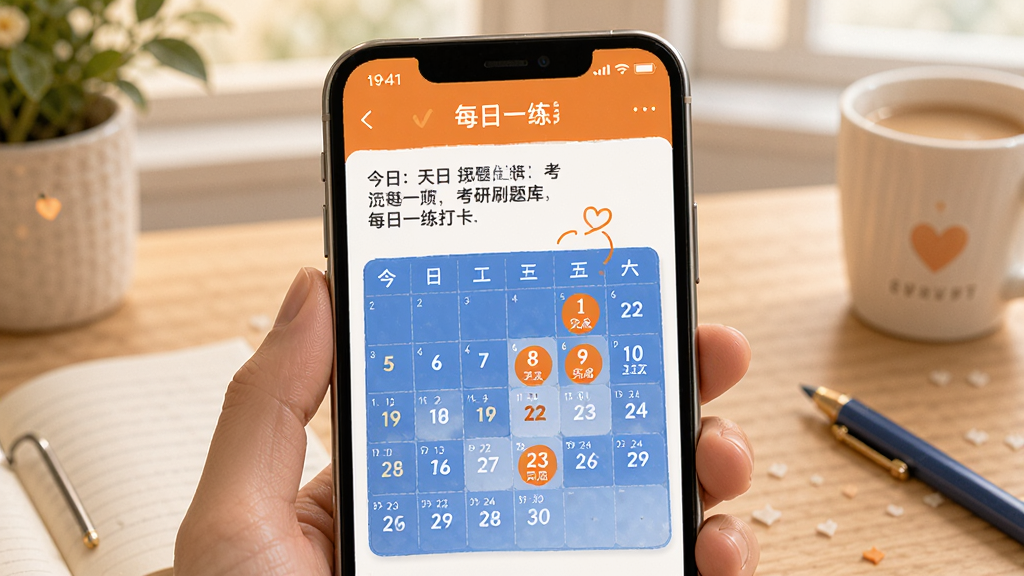 考研政治刷题库每日一练打卡界面,手机屏幕显示今日题目和打卡日历,日历上标记已完成天数,界面温馨激励风格,橙色和蓝色搭配,画面干净有学习动力感,高清画质