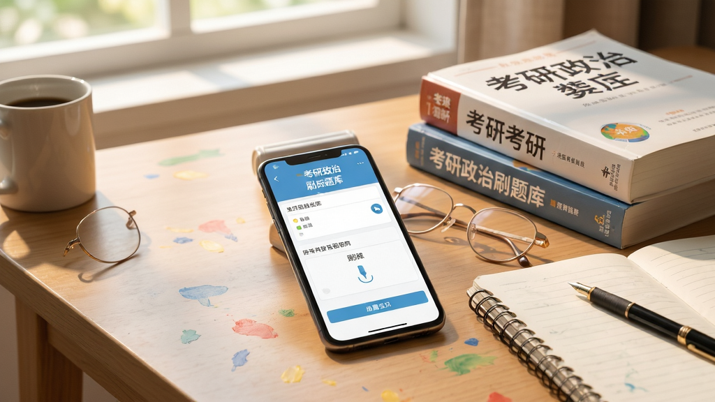 考研政治刷题库安卓手机安装使用场景图,一部手机放在书桌上,屏幕显示软件刷题界面,旁边有考研书籍和笔记本,温馨学习氛围,自然光线,画面干净整洁,高清画质