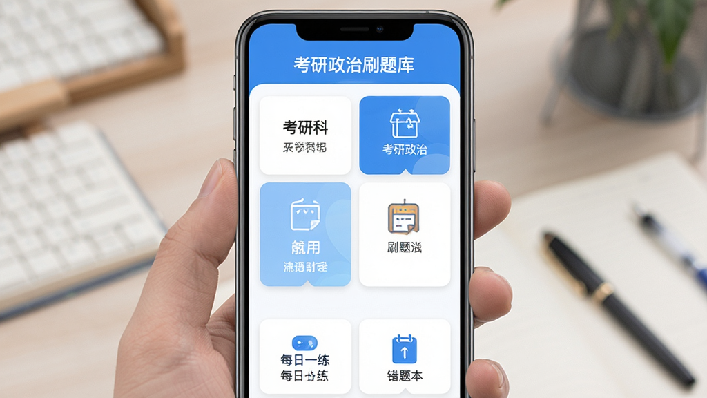 考研政治刷题库软件主界面展示,手机屏幕竖版布局,顶部显示软件名称“考研政治刷题库”,中间为五大科目分类卡片,下方是每日一练和错题本入口,整体风格清新简洁,蓝白配色,学习氛围浓厚,画面干净无多余装饰,高清画质