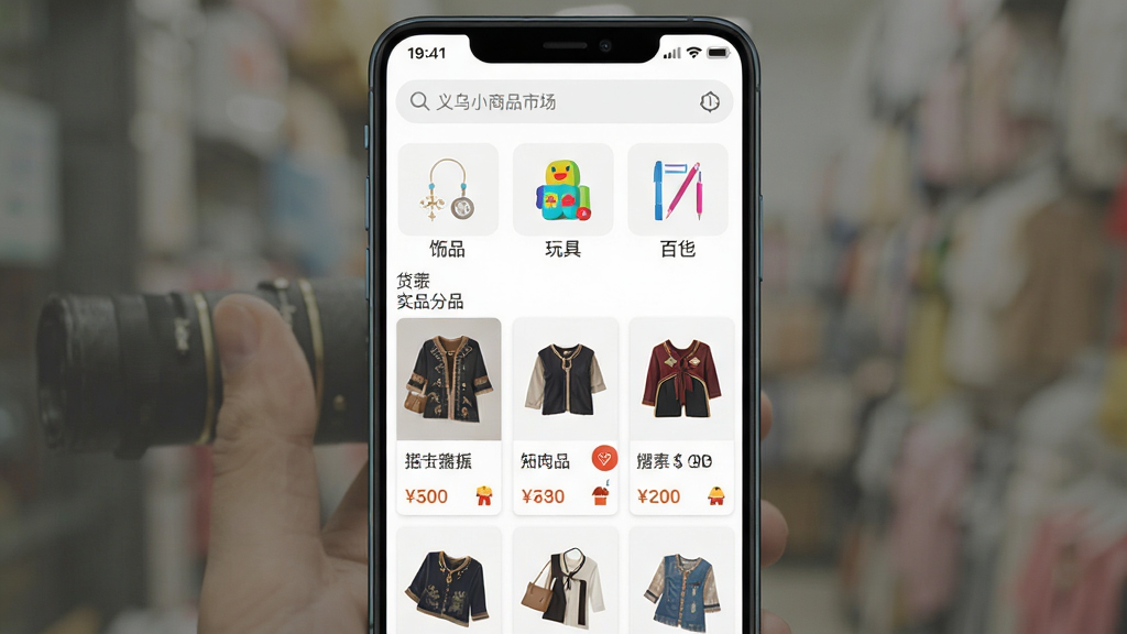 义乌货源批发软件首页界面展示,主体为一部安卓手机屏幕,屏幕内显示义乌小商品市场风格的货源分类导航,包含饰品、玩具、百货、文具等图标,布局为上下结构顶部搜索栏中部商品瀑布流,排版整洁清晰,风格为现代扁平化移动应用UI,细节包含商品缩略图与价格标签,画质高清干净无多余元素
