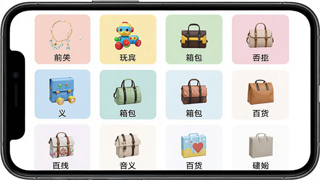 义乌货源批发软件商品分类页面,主体为手机屏幕内展示彩色分类网格,布局为四列图标排列,排版整齐有序,风格为清新简约移动端界面,细节包含饰品、玩具、箱包、百货等中文标签,画质清晰干净无多余元素
