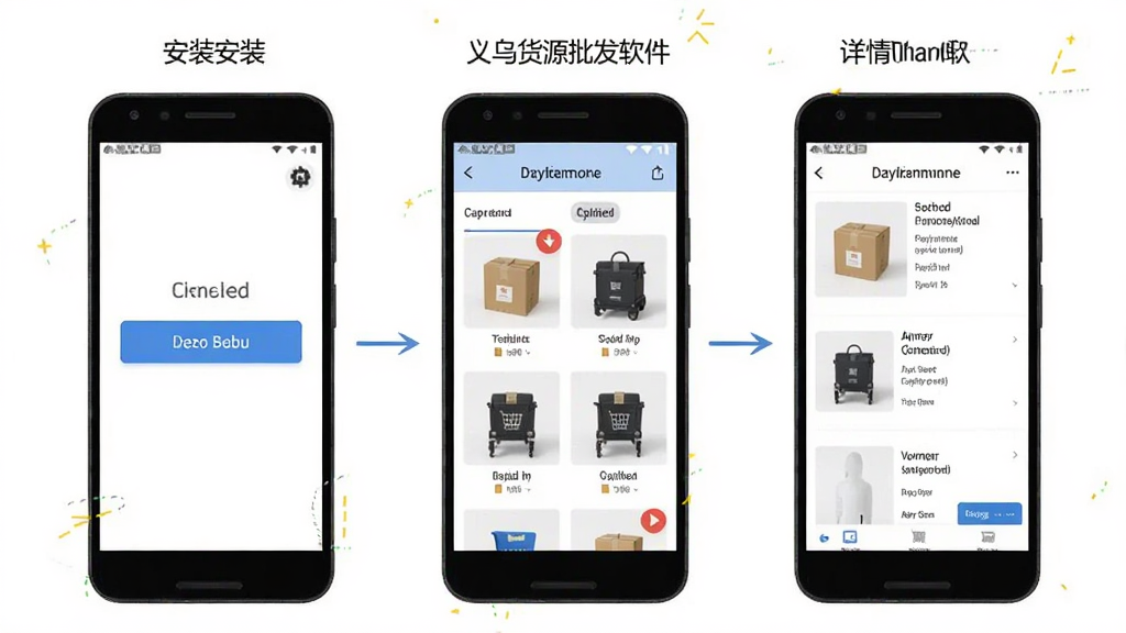 义乌货源批发软件在安卓手机上的操作流程图,主体为手机屏幕显示从安装到浏览商品的步骤,布局为流程式分步展示,排版清晰,风格为教程类移动端界面,细节包含安装按钮、分类浏览和商品详情三个画面,画质高清干净无多余元素