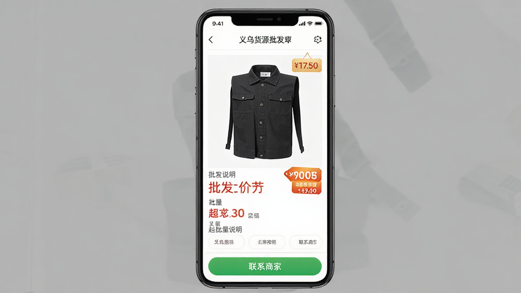 义乌货源批发软件商品详情页面,主体为手机屏幕显示商品大图与批发价格信息,布局为上图下文结构,排版清晰,风格为电商类移动应用界面,细节包含价格标签、起批量说明和联系商家按钮,画质高清干净无多余元素