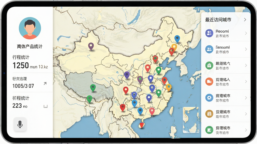 一张展示足迹地图应用主界面的图片,画面中央是一张中国地图,地图上散布着多个彩色定位图钉标记,左侧是用户头像和行程统计数字,右侧是最近访问城市列表,整体布局清晰,风格为扁平化设计,细节包括地图纹理、图钉阴影和列表图标,画质清晰,干净,无多余元素