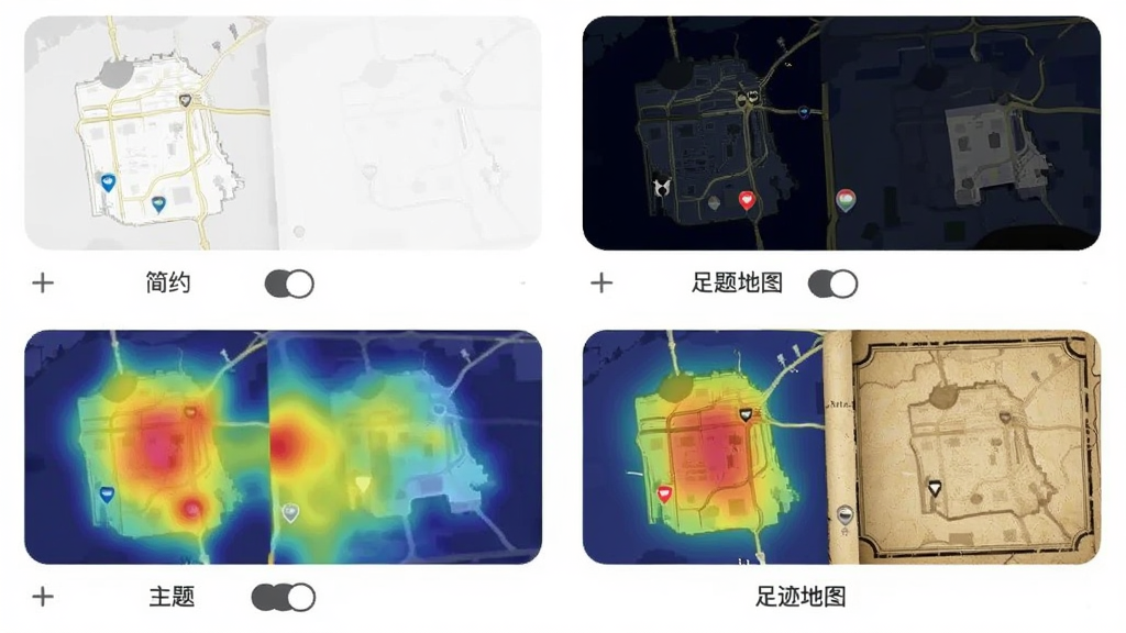 足迹地图应用内展示四种不同风格的地图主题缩略图,分别是简约白底、深色夜间、彩色热力和复古纸质,每个缩略图下方有对应的主题名称标签,画面采用网格布局,风格为应用商店截图展示,细节包括主题切换按钮和高亮选中状态,画质清晰,干净,无多余元素