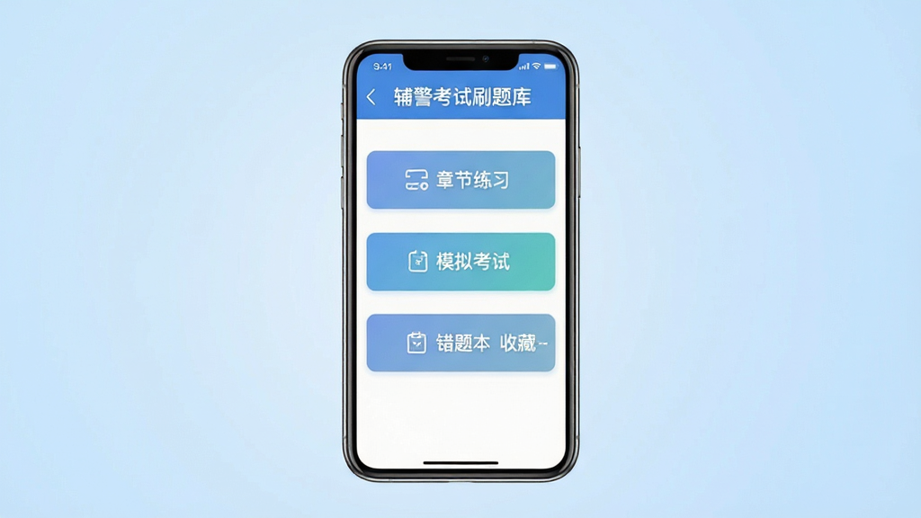 辅警考试刷题库软件主界面展示,画面中央是一部竖屏智能手机,手机屏幕显示题库练习页面,顶部标注“辅警考试刷题库”字样,下方排列章节练习、模拟考试、错题本、收藏夹等功能按钮,背景为浅蓝色渐变,整体风格清爽简约,布局居中对齐,细节清晰,画质干净无多余元素